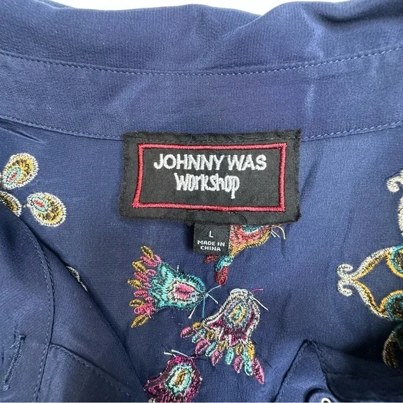 Johnny Was Alesa Tiered Embroidered Silk Navy Blue Tunic. Size L. Like New! - Picture 4 of 14